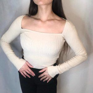 Straight Neckline Ribbed Cozy Cream Long Sleeve Shirt